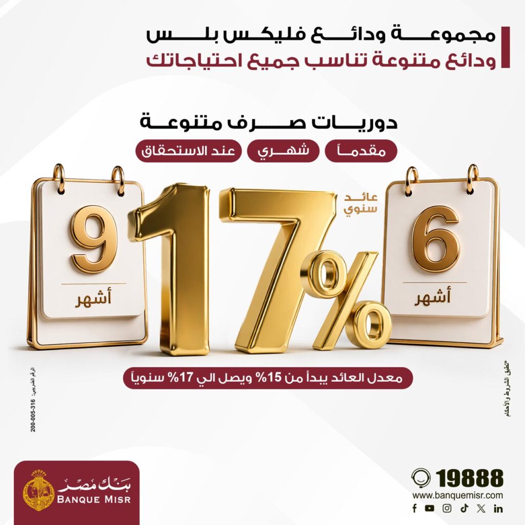 بنك مصر يطلق مجموعة ودائع “فليكس بلس” بعوائد تنافسية تصل الي 17% سنويا ودوريات صرف متنوعة تلبي احتياجات مختلف شرائح العملاء